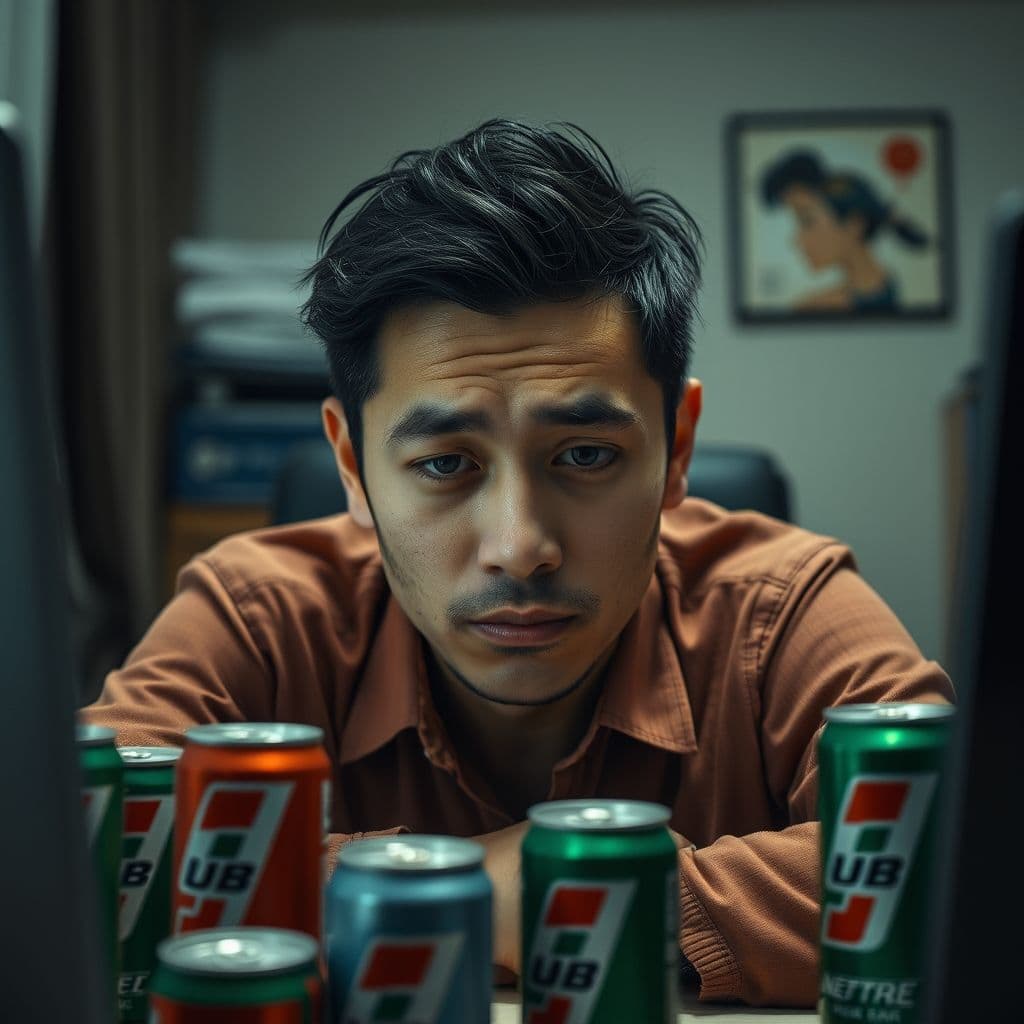 A tired man looking at his phone with energy drinks on his desk, symbolizing burnout.