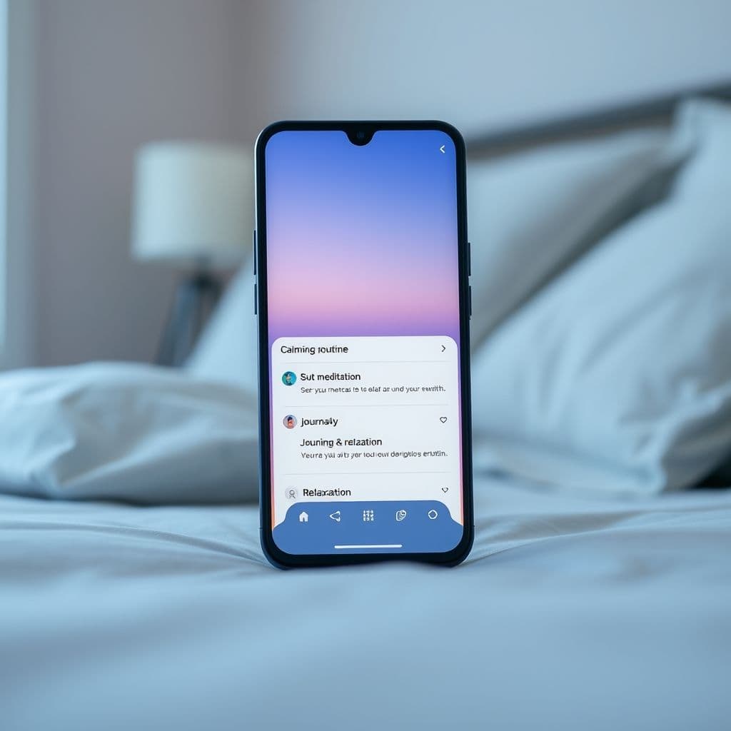 A sleek app interface showing a calming bedtime routine with meditation and journaling options.