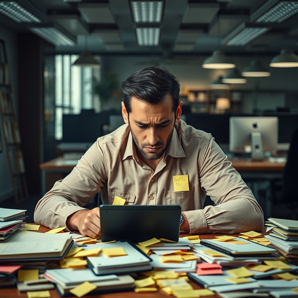 A frustrated user surrounded by sticky notes and physical planners, struggling to stay organized.