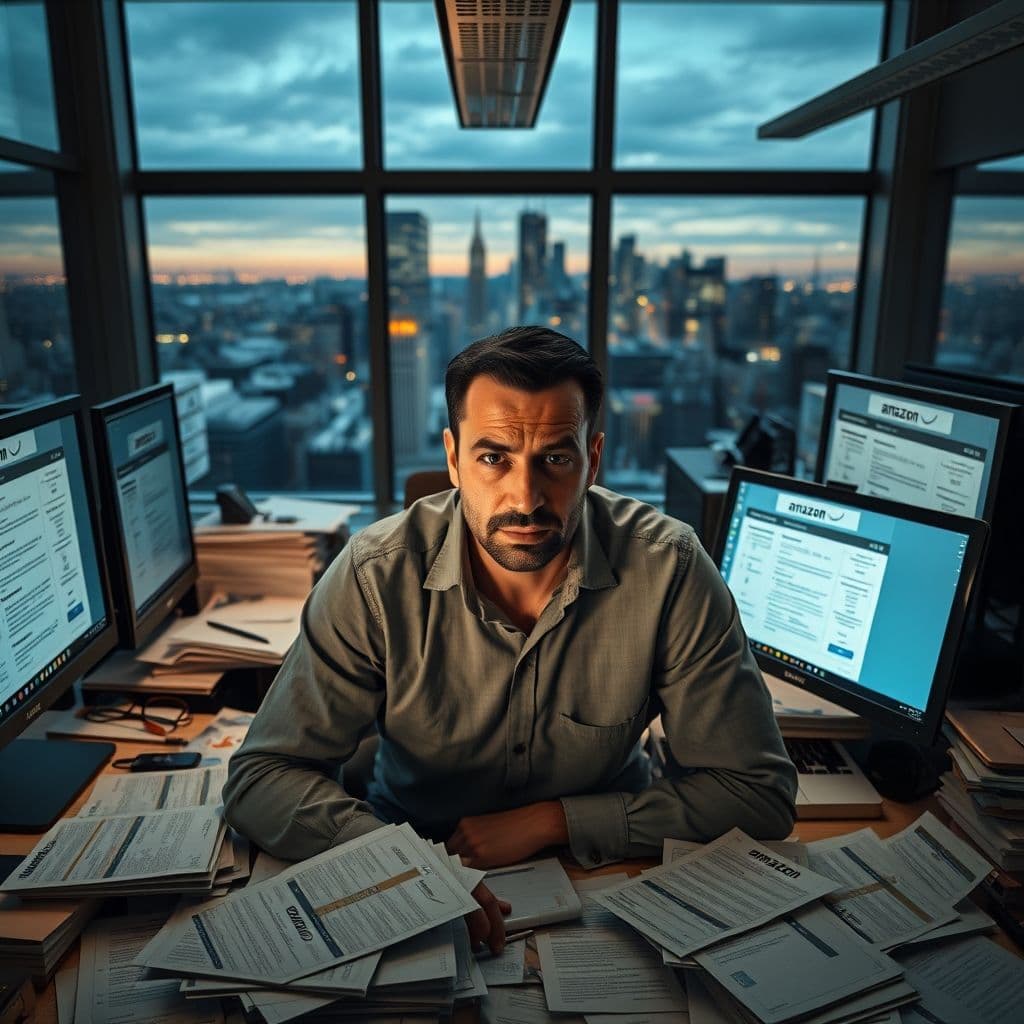 Overwhelmed seller surrounded by supplier rejection emails and Amazon policy documents