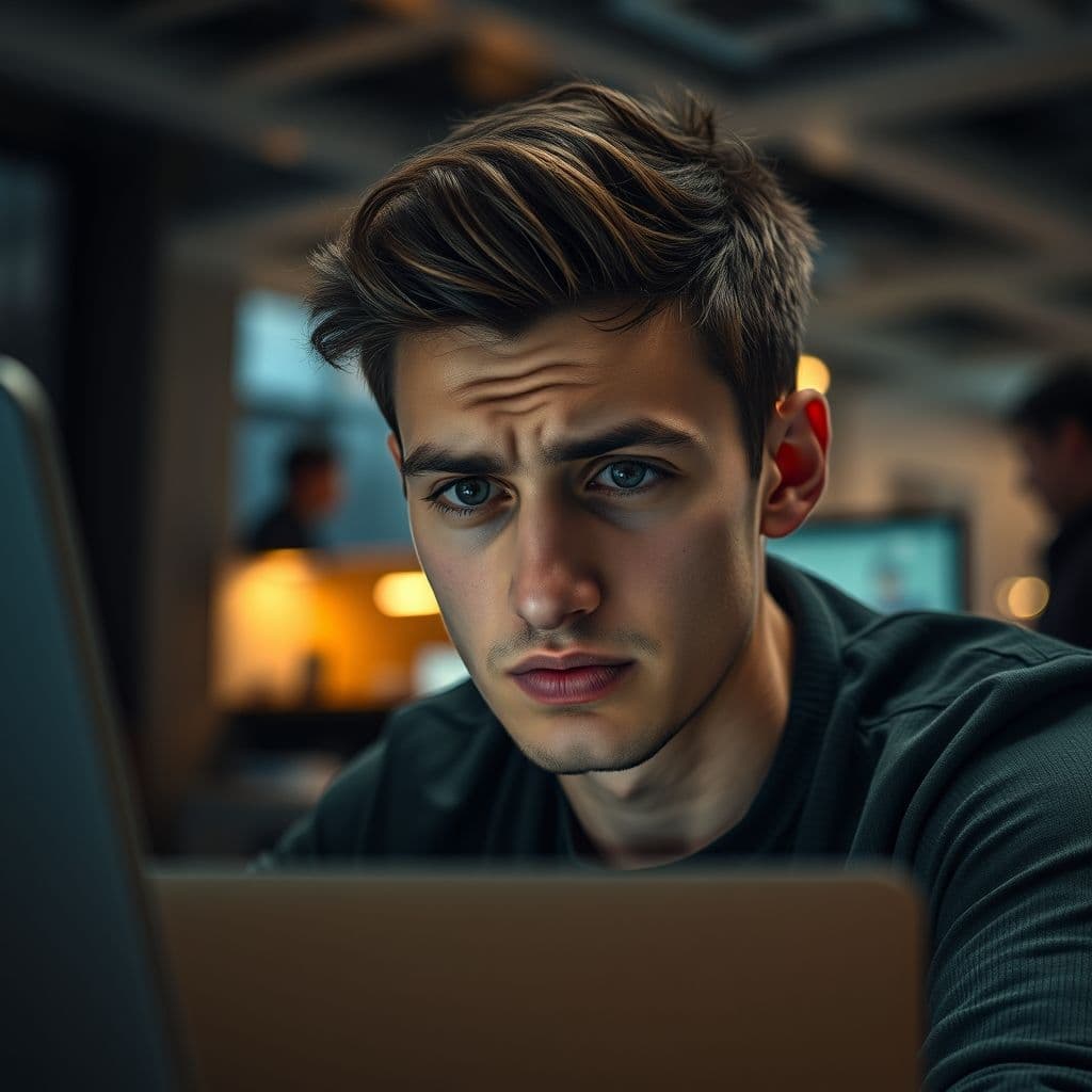 A frustrated entrepreneur looking at a laptop screen with a poorly designed dropshipping store.