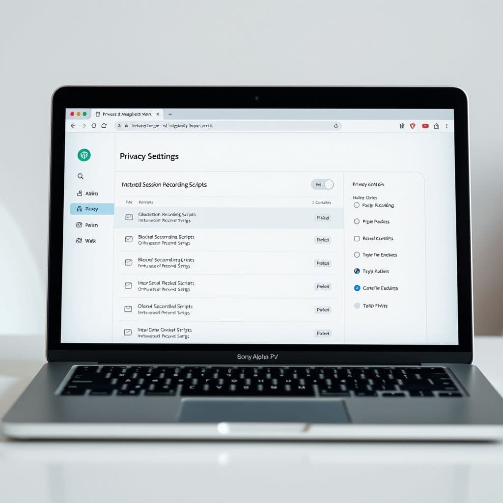 A sleek browser extension interface showing blocked session recording scripts and privacy settings.
