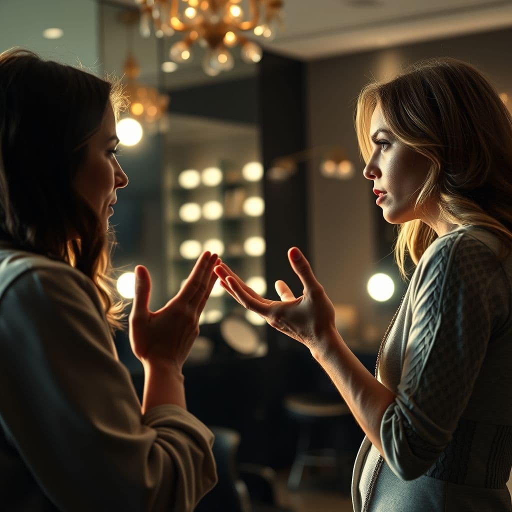 Frustrated client and unprofessional makeup artist in a heated discussion.