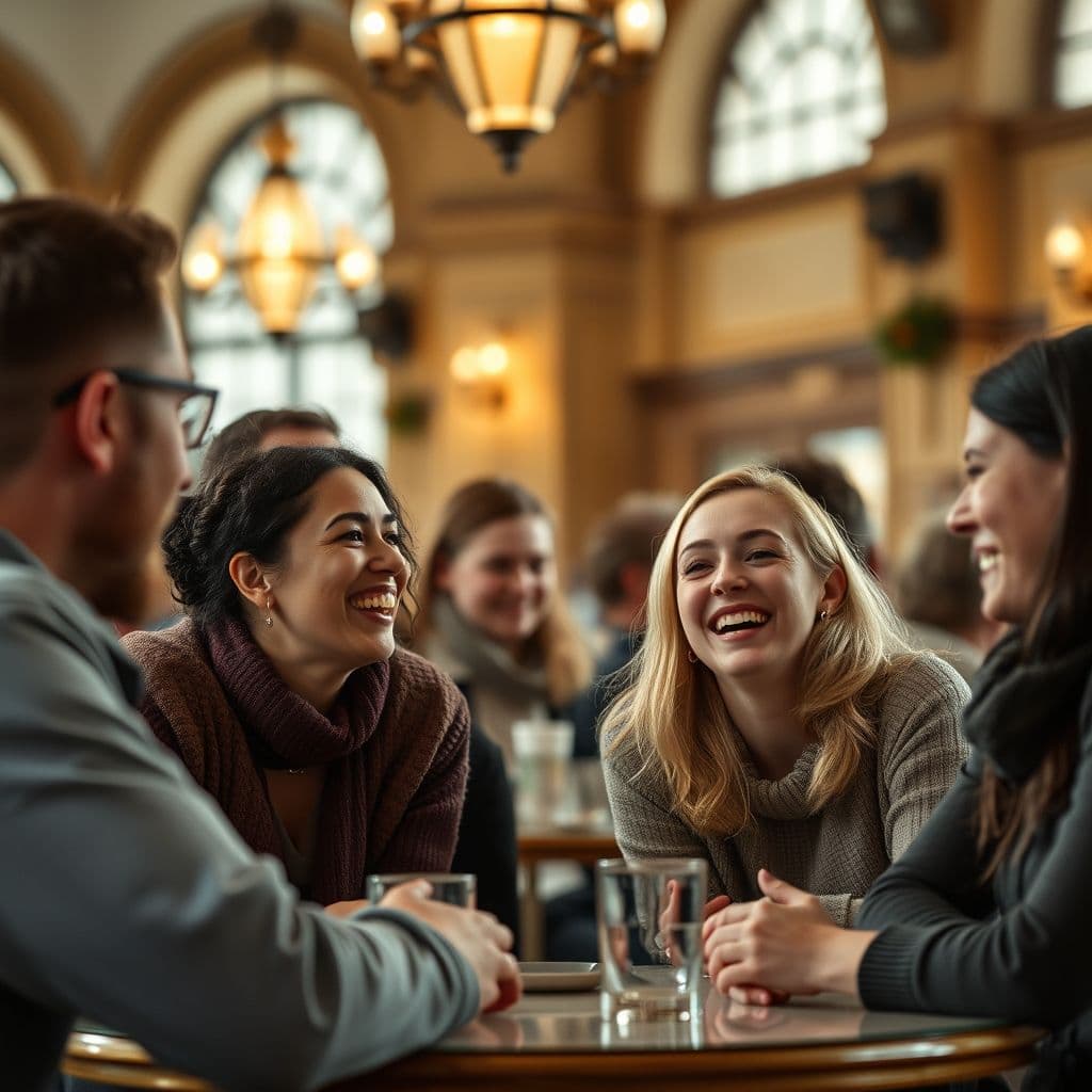 A group of diverse people laughing together at a local cafe.