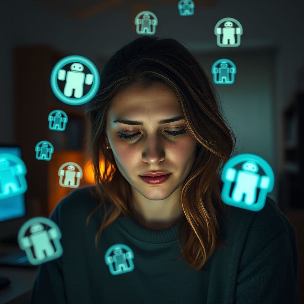 Exhausted woman holding head in hands with overwhelming responsibilities floating around her.