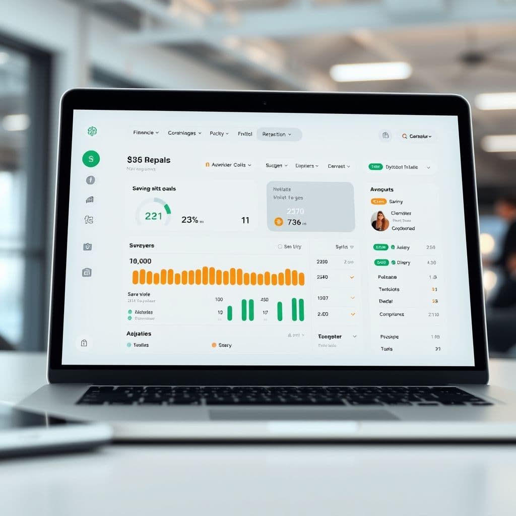A sleek dashboard of a financial management app on a laptop.