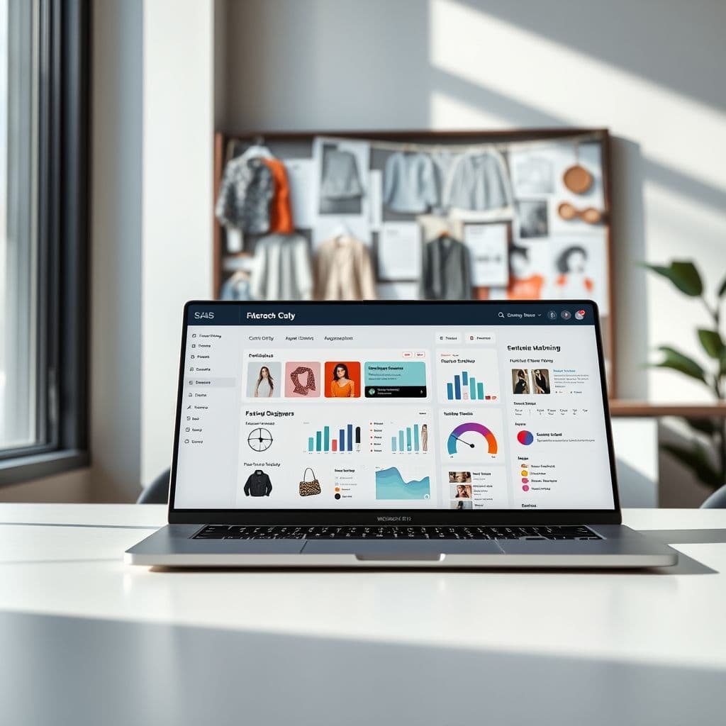 Conceptual interface of clothing brand SaaS platform showing design tools and community features