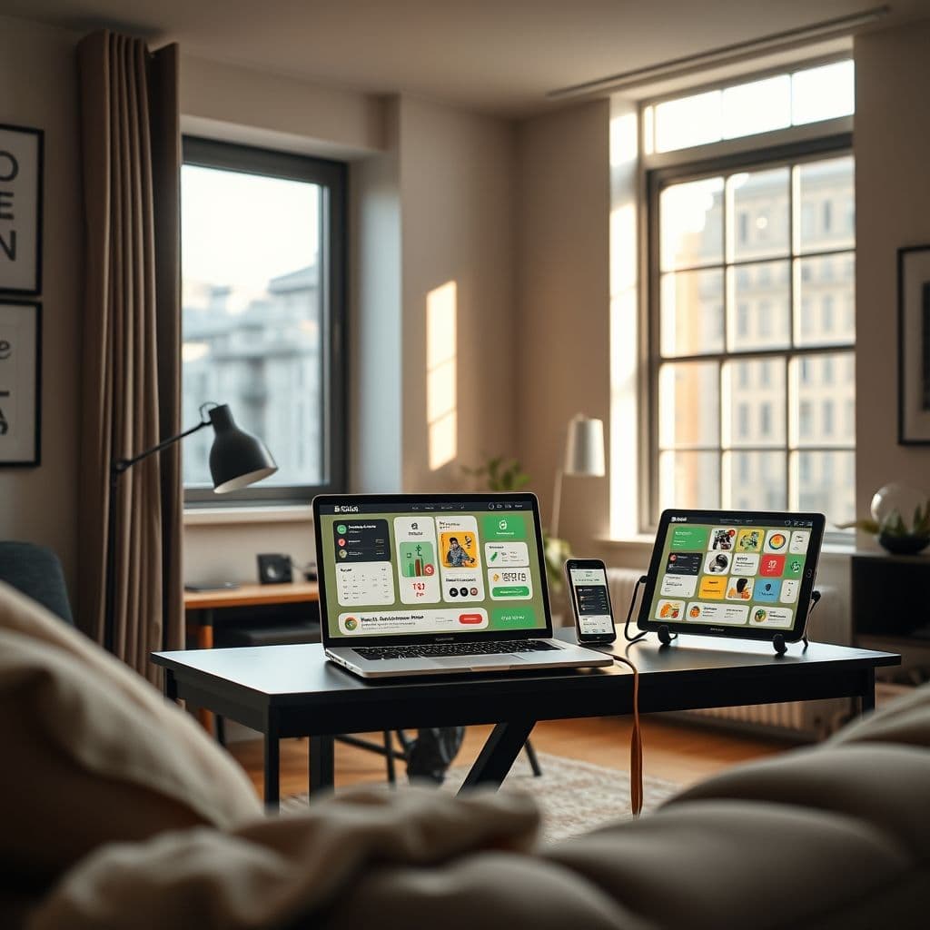 A cozy digital workspace with a gamified productivity interface on multiple devices.