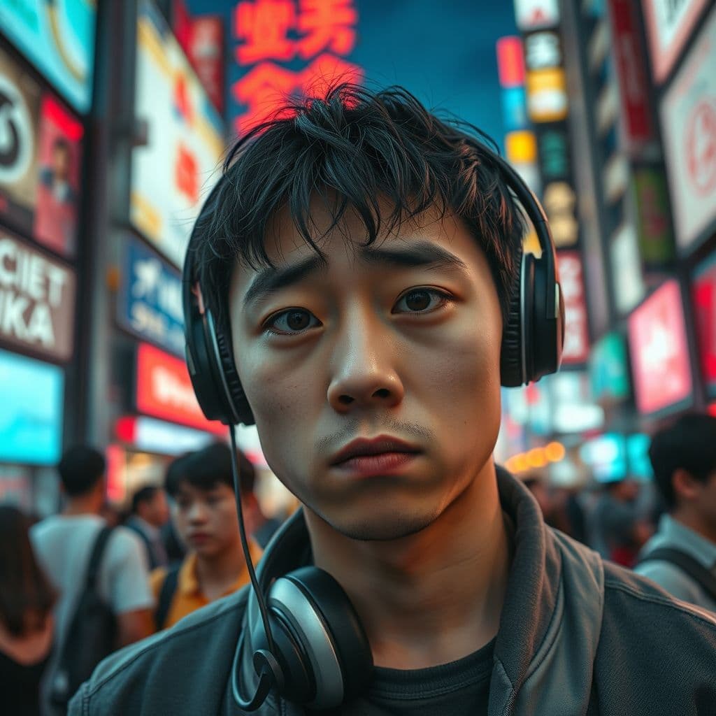 Frustrated user listening to an AI voice with a disappointed expression.