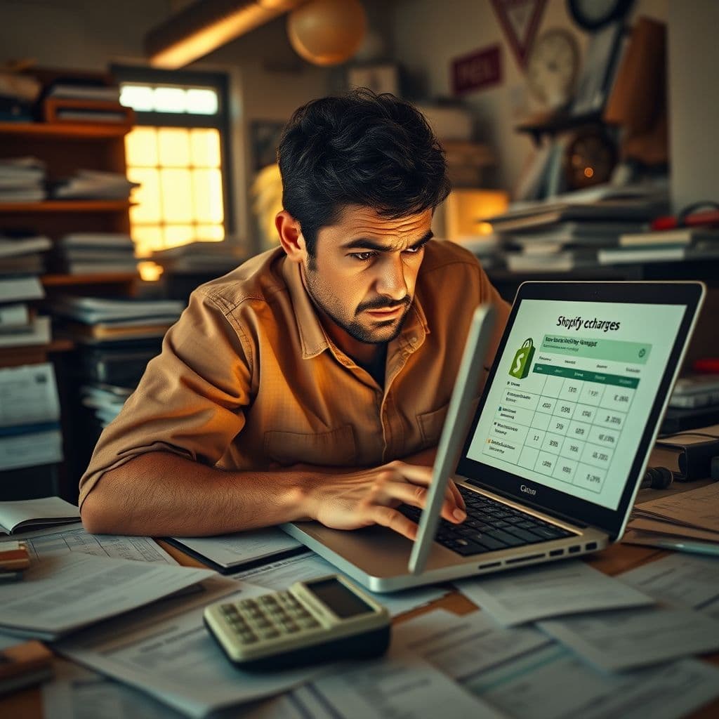 A frustrated small business owner comparing expensive e-commerce platform fees.