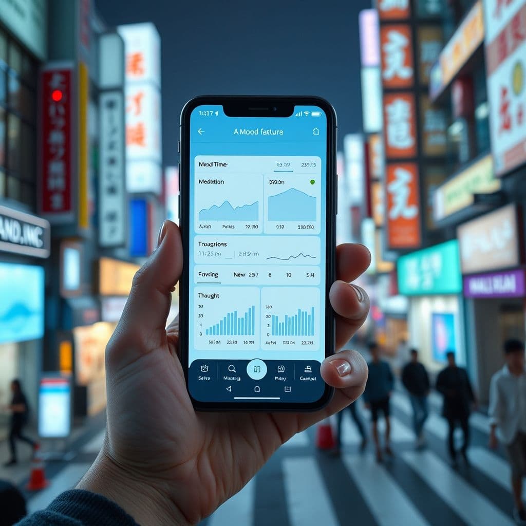 Conceptual interface of a mental health app showing mood tracking and exercises.