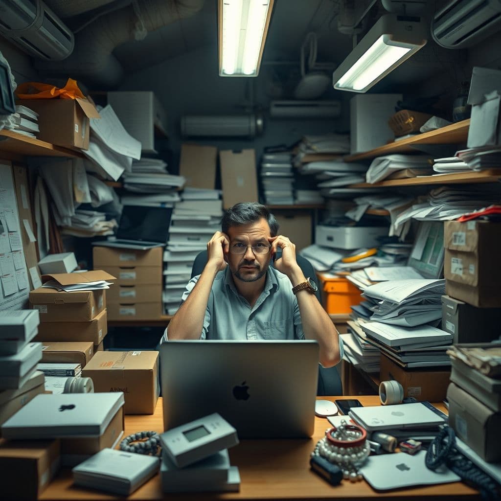 Frustrated entrepreneur surrounded by scattered notes and materials.