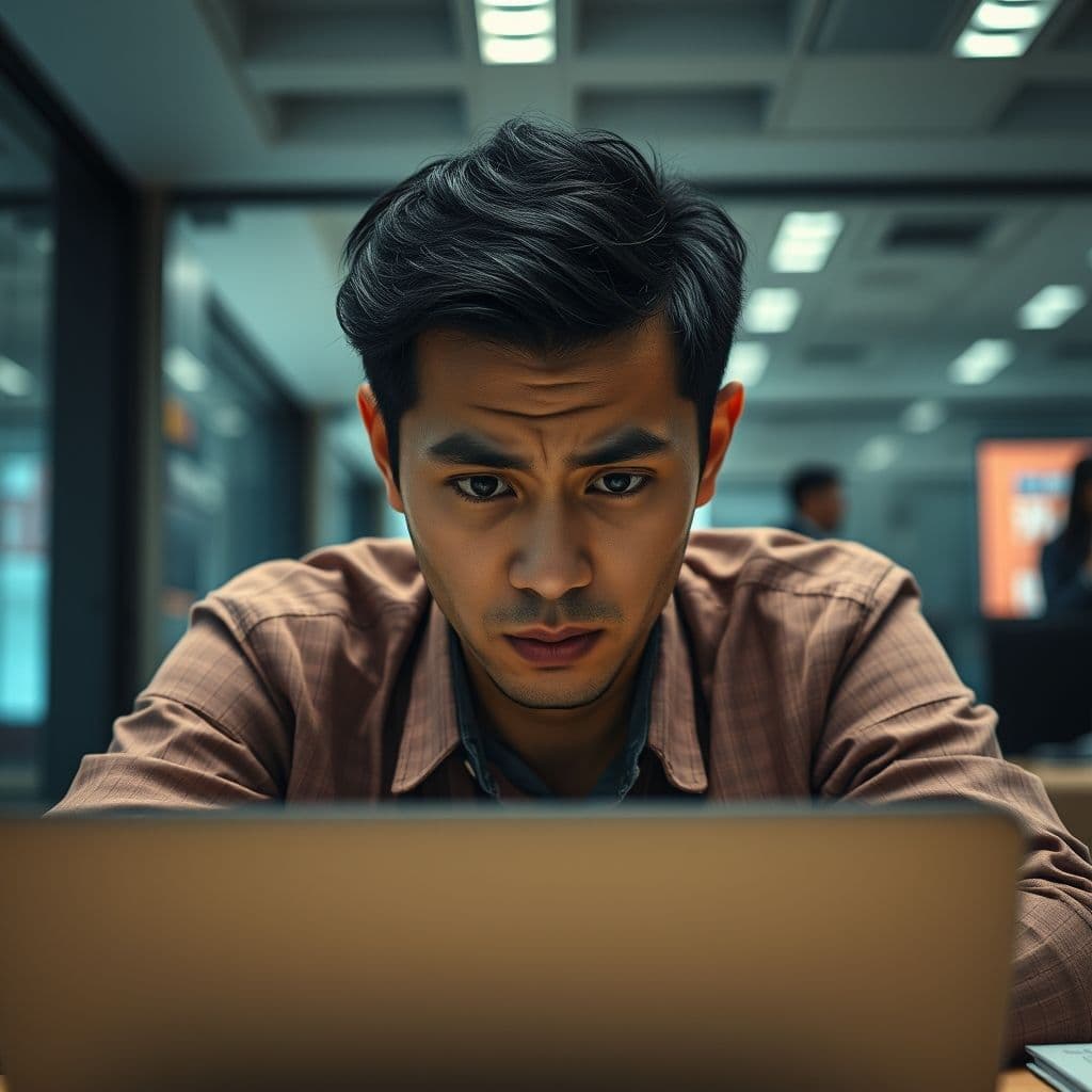 A frustrated user overwhelmed by budgeting and expense tracking on a laptop.