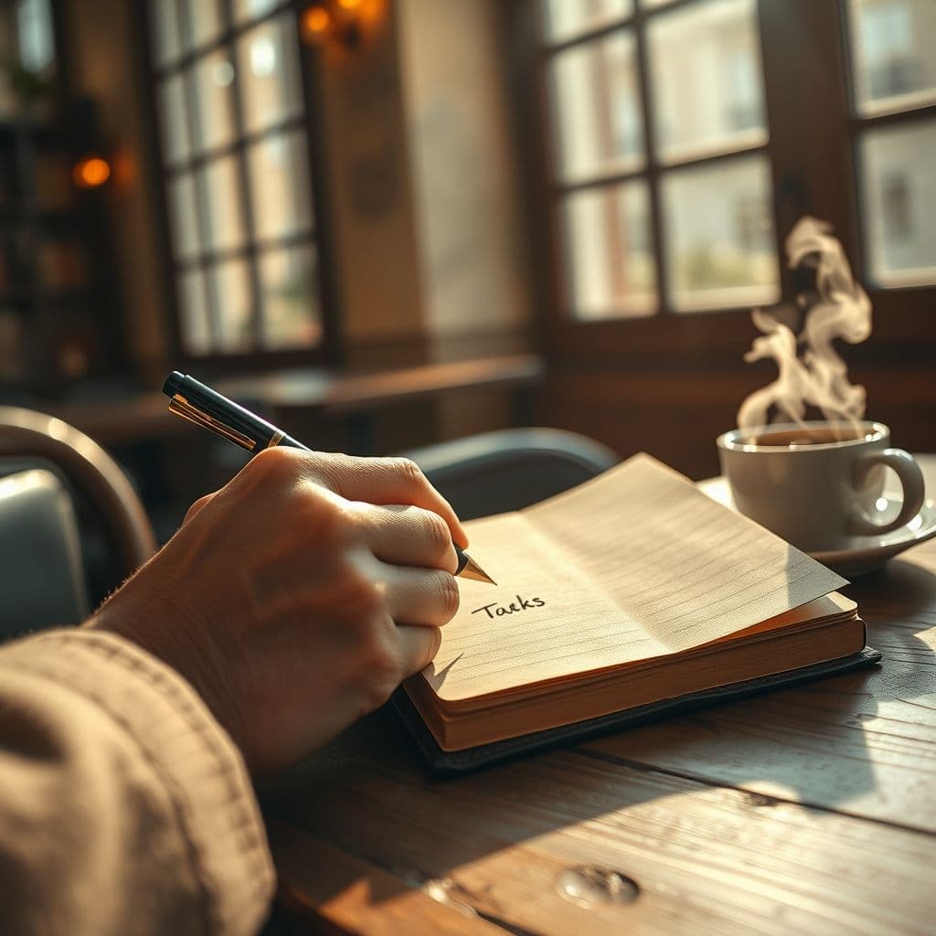 A person writing down three important tasks in a notebook with a cup of coffee nearby.