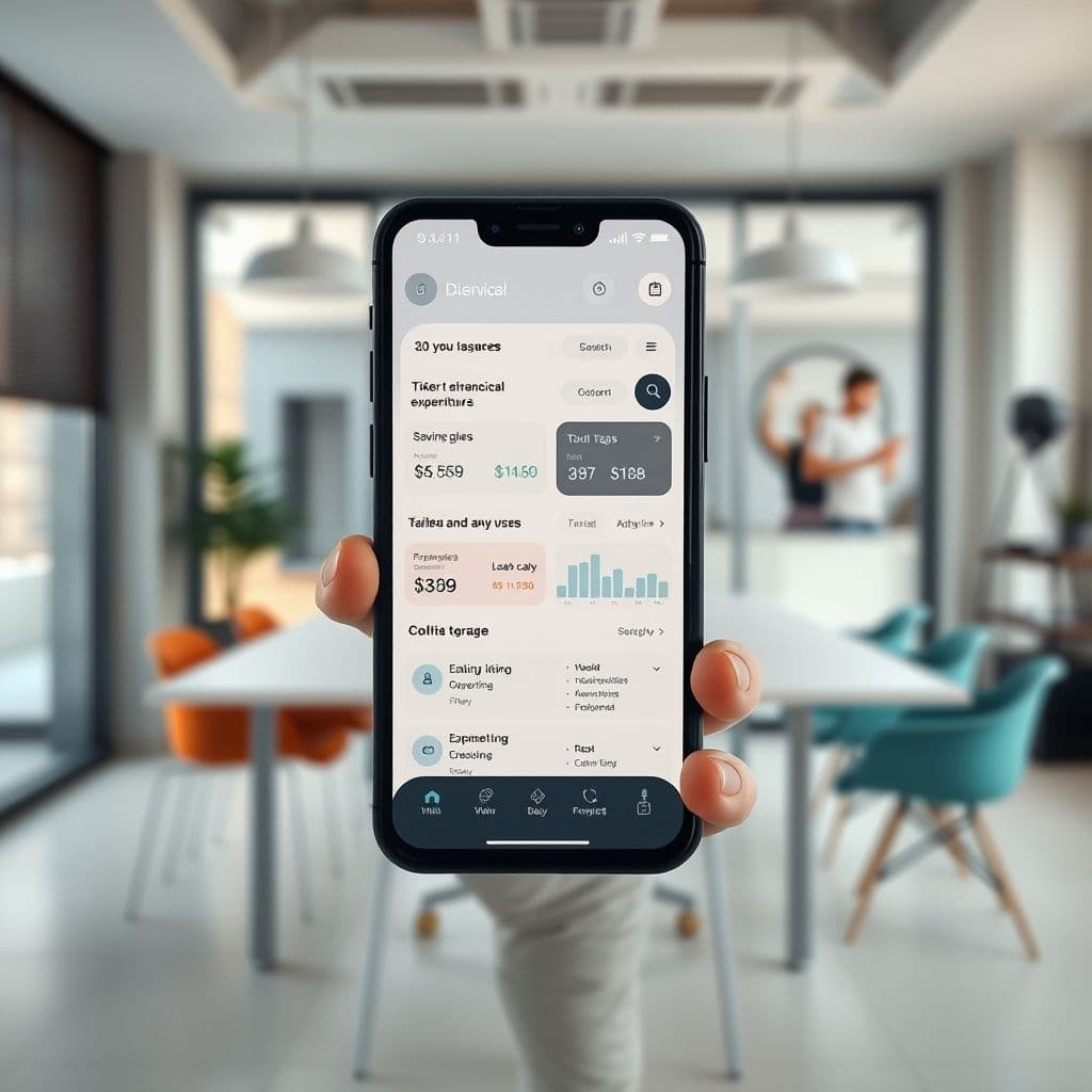 A mock-up of a sleek budgeting app dashboard on a smartphone.
