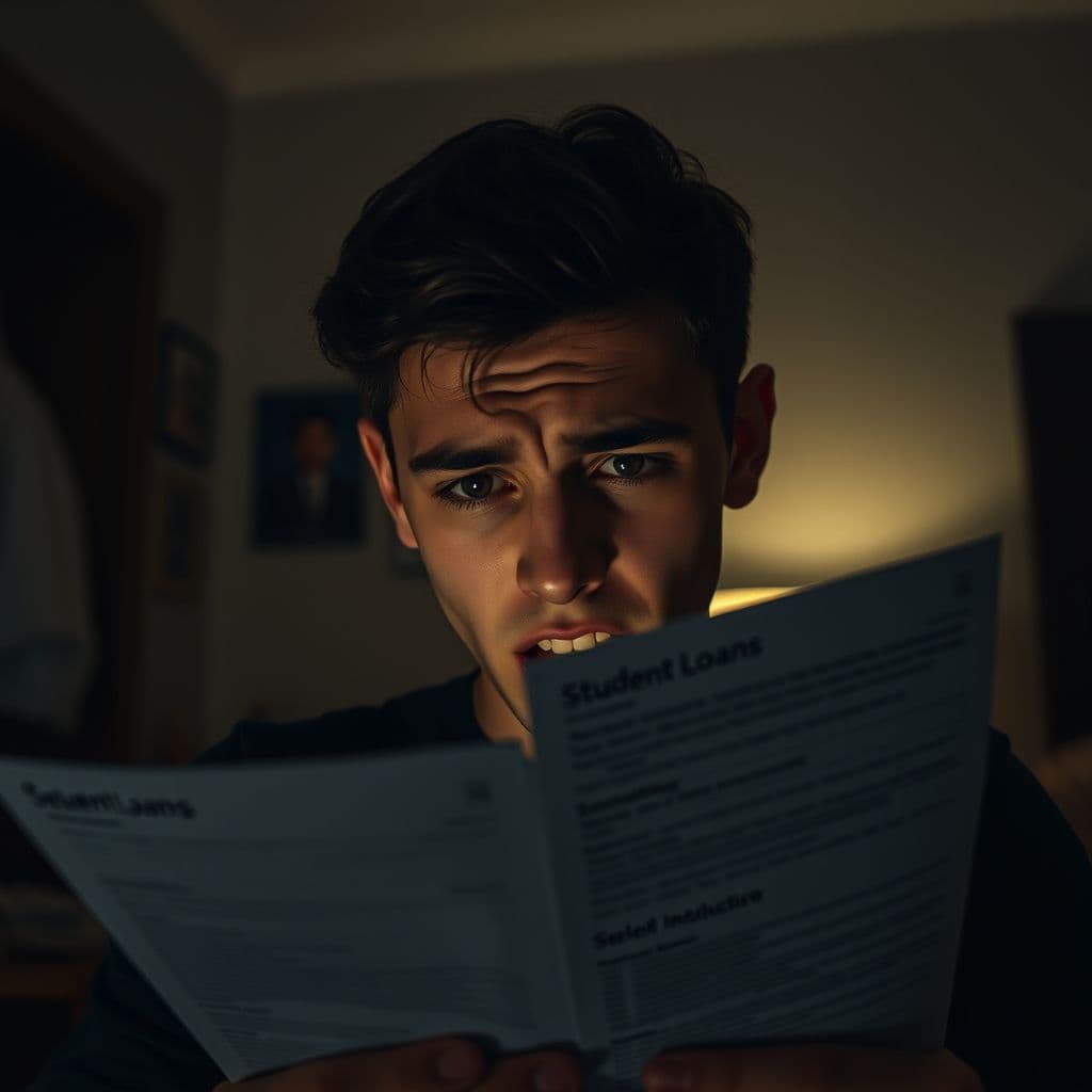 A stressed young adult overwhelmed by student loan debt, sitting at a desk with piles of bills.