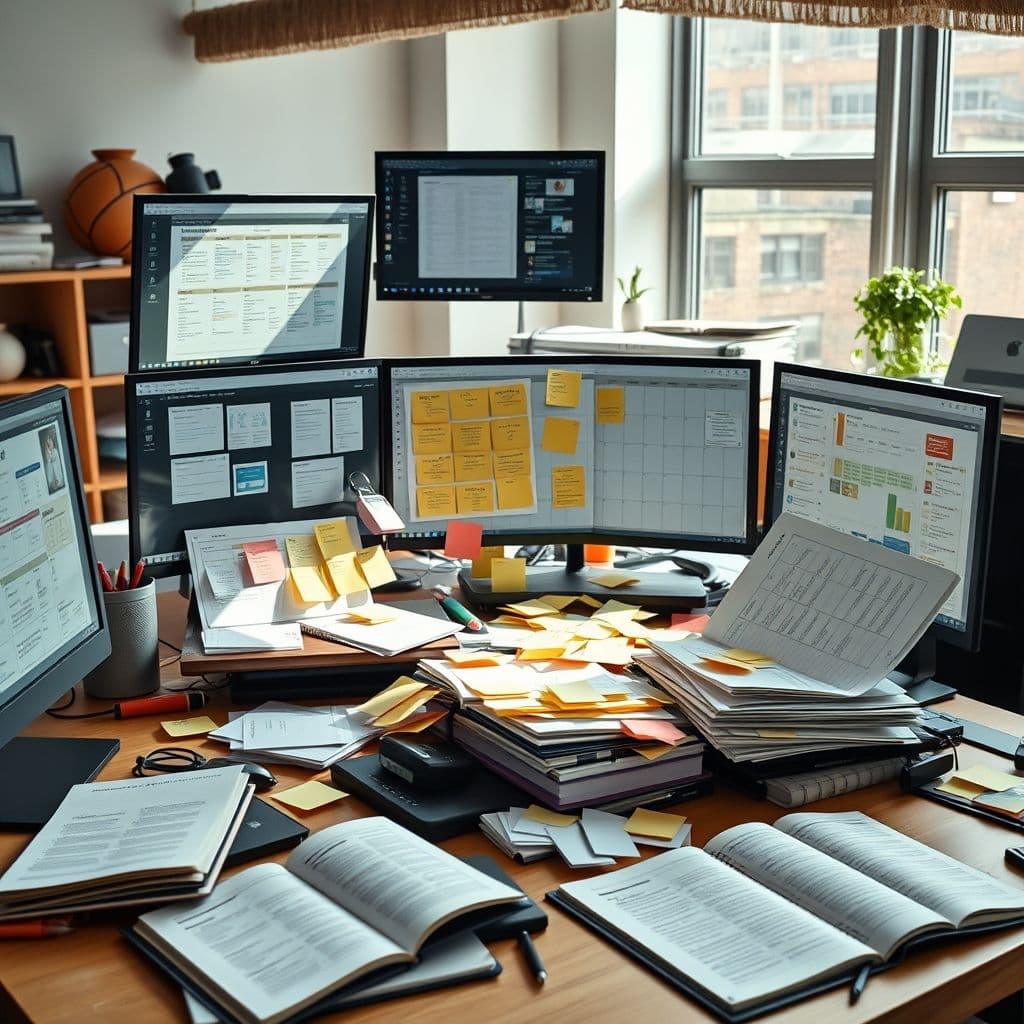 A cluttered workspace with multiple screens and sticky notes.