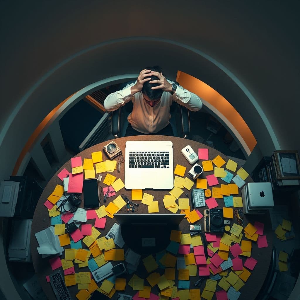 A cluttered desk with multiple sticky notes and a stressed person holding their head.
