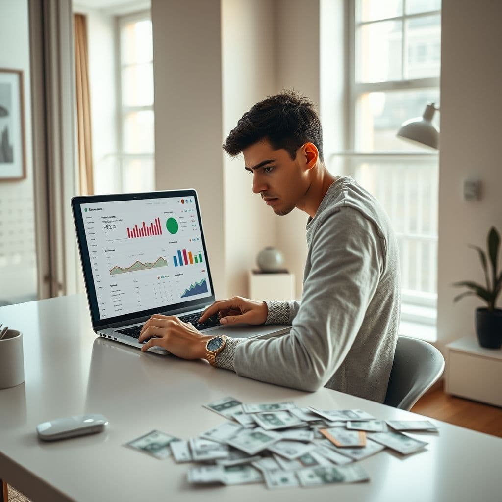 A stressed person looking at credit card bills with a laptop showing a financial dashboard.