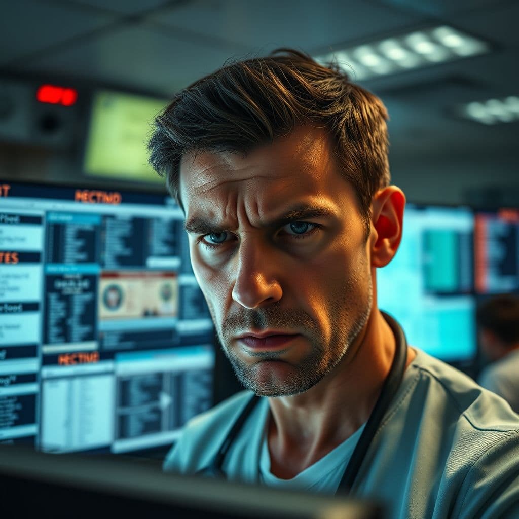 A frustrated individual looking at a computer screen with confusion about starting a medical courier business.