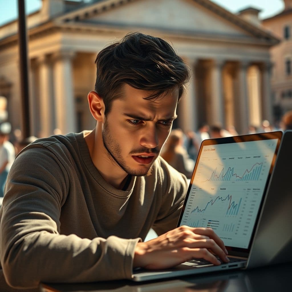 A frustrated investor looking at a confusing Roth IRA statement on a laptop.