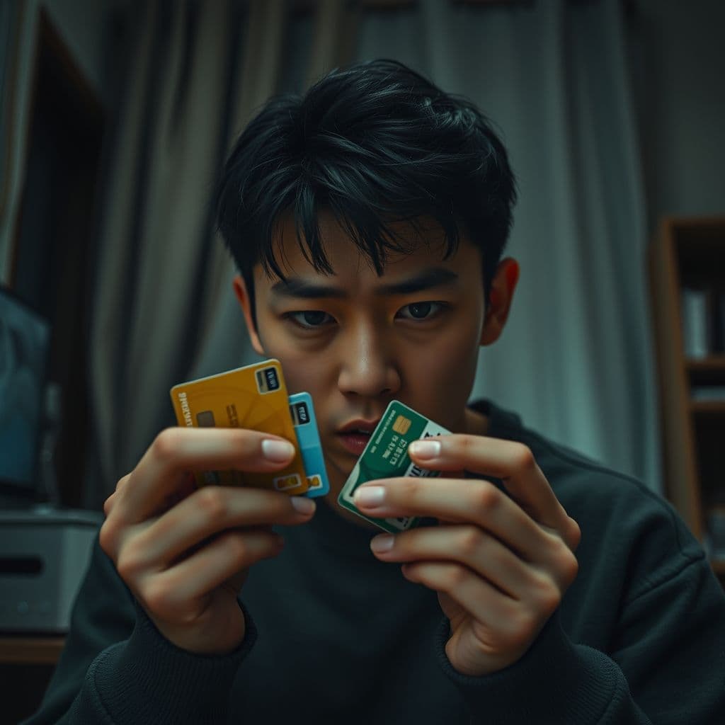 Young adult stressed over credit card bills and financial debt.