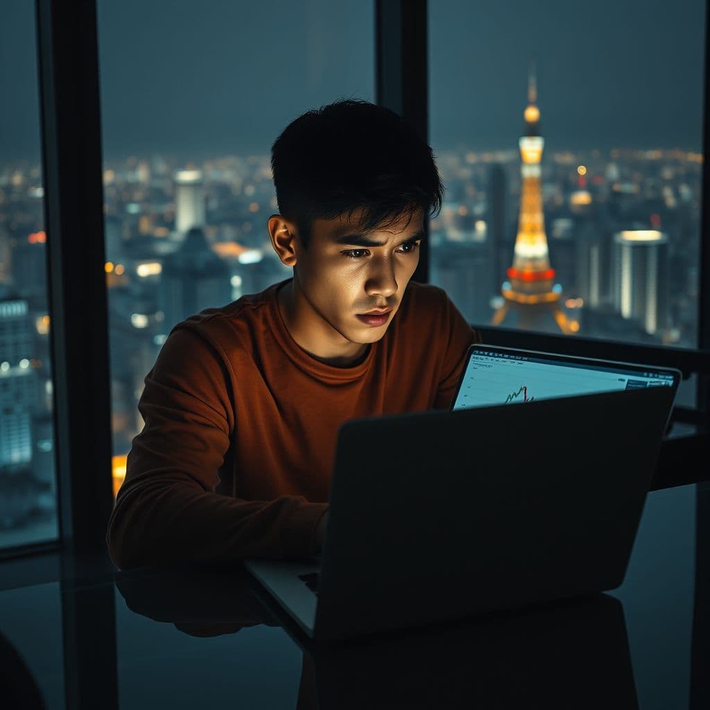 A confused individual looking at financial charts on a laptop screen with question marks floating around