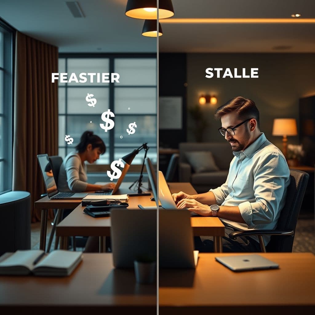 Side-by-side comparison of dwindling income from hourly work versus stable flat fee earnings.