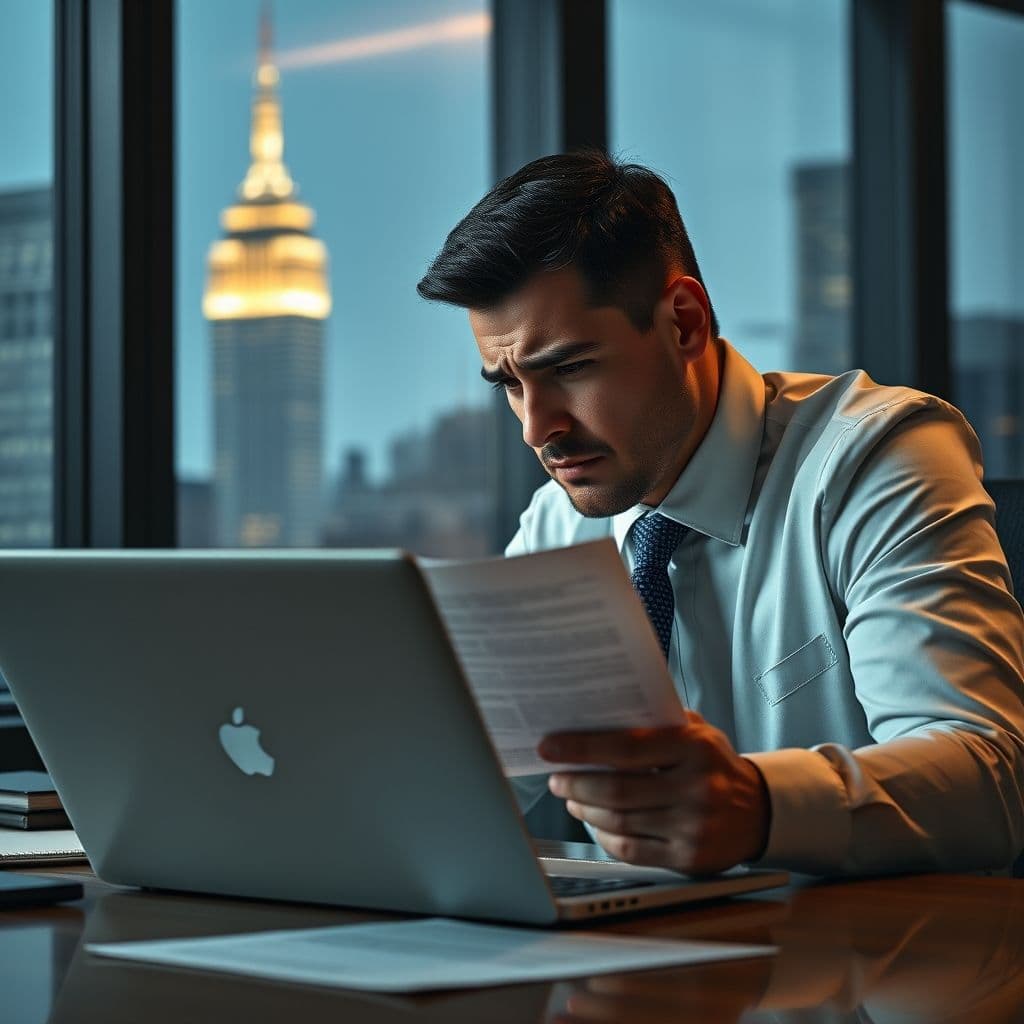 Frustrated lawyer reviewing incorrect AI-generated legal citations on a laptop.