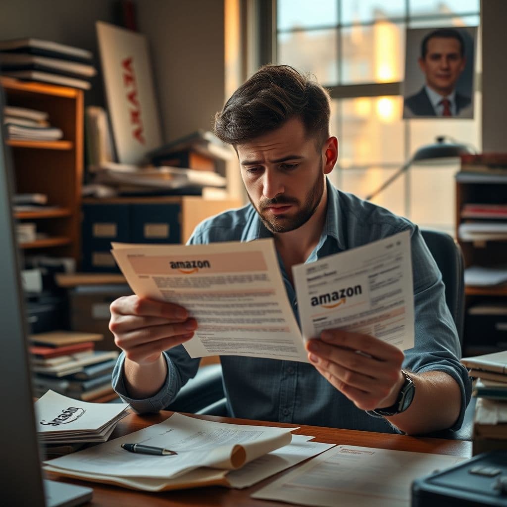 Frustrated small business owner holding a chargeback notice with damaged packaging in background.