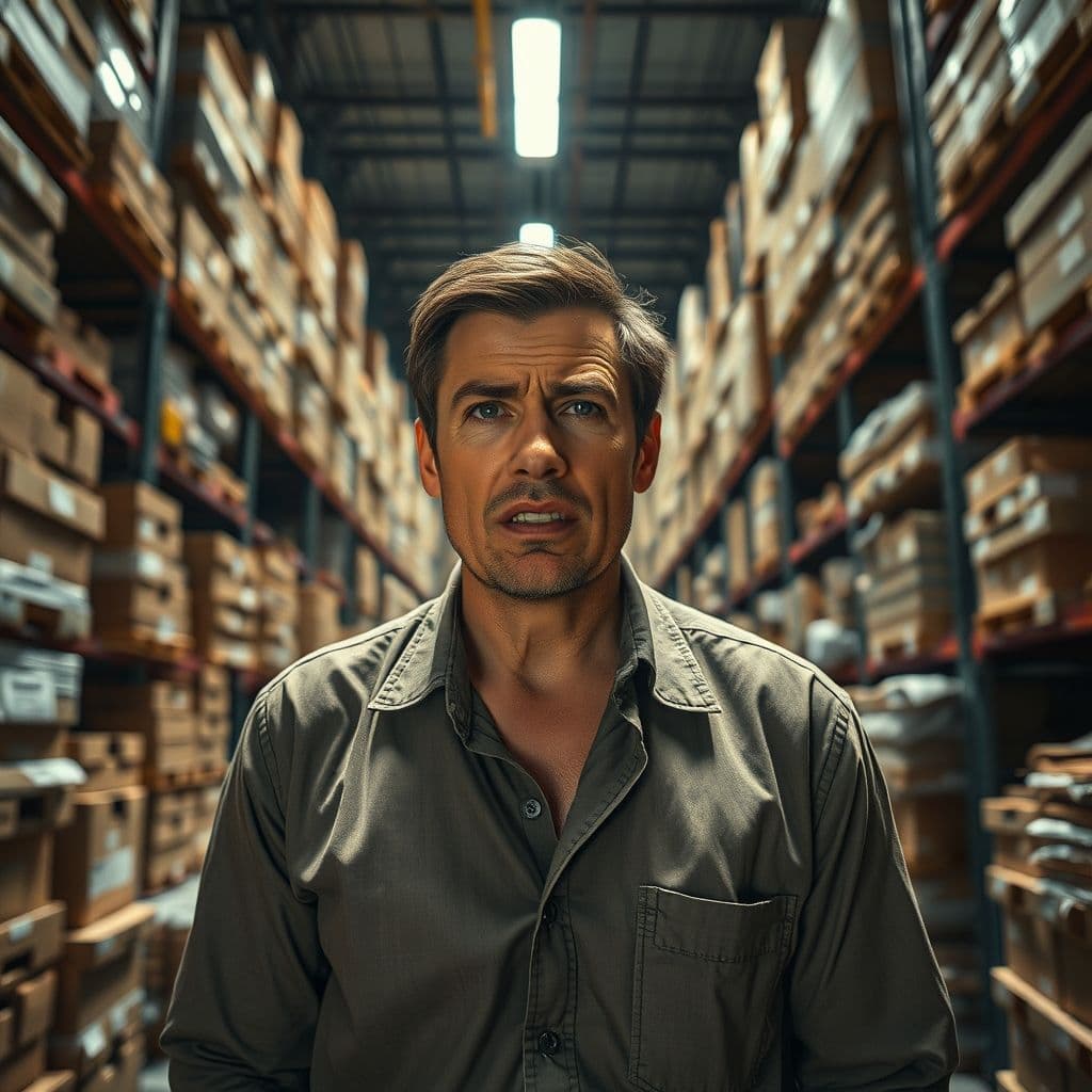 Frustrated Amazon FBA seller surrounded by unpacked inventory boxes