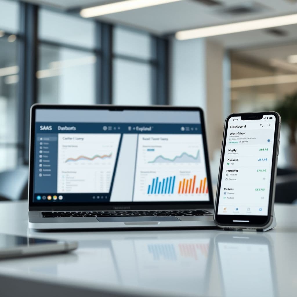 A sleek dashboard of the hypothetical budgeting SaaS tool on a laptop and smartphone.