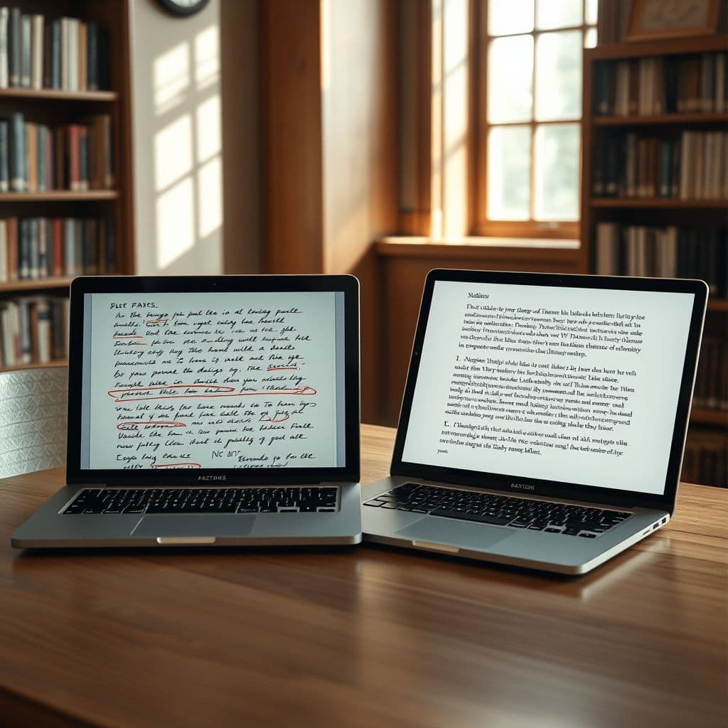 A side-by-side comparison of a poorly written student essay and a flawless AI-generated one.