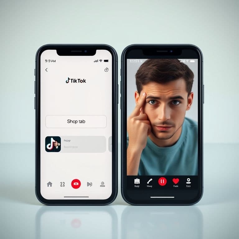 Side-by-side comparison of TikTok app with and without Shop tab