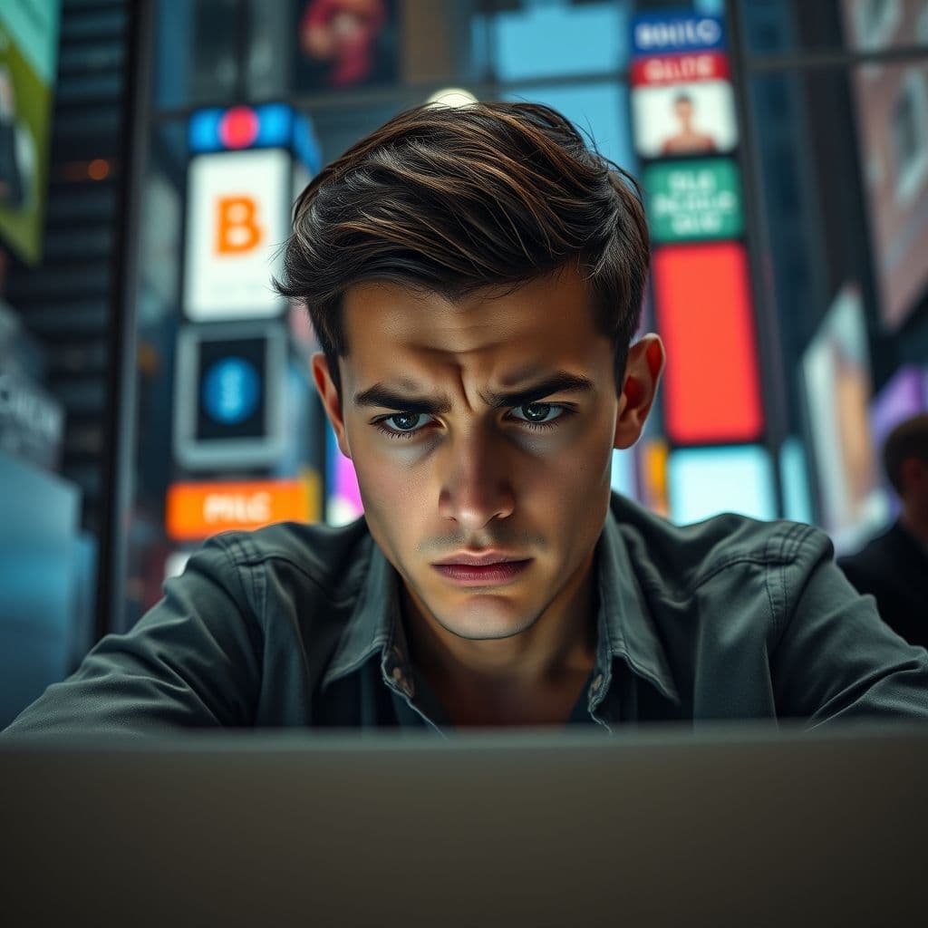 Frustrated digital marketer looking at a laptop screen with confusing content.