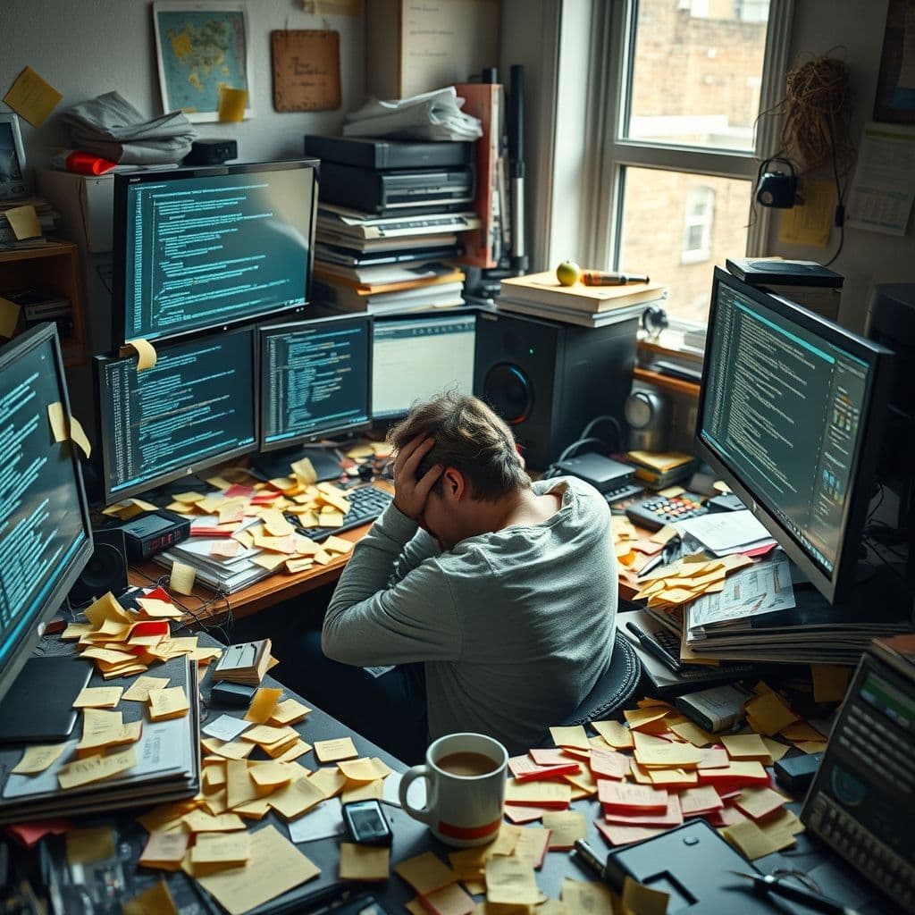A cluttered desk with unfinished web design projects and learning materials.
