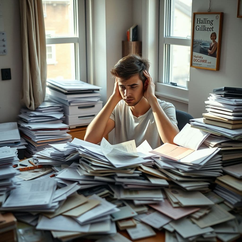 A young adult overwhelmed by financial documents and bills.