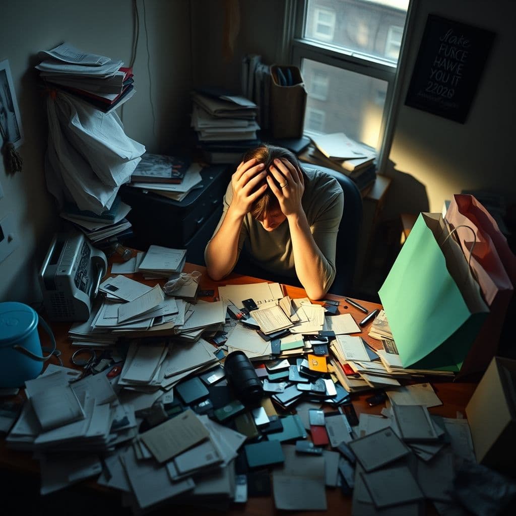 A person overwhelmed by credit card bills and shopping bags.