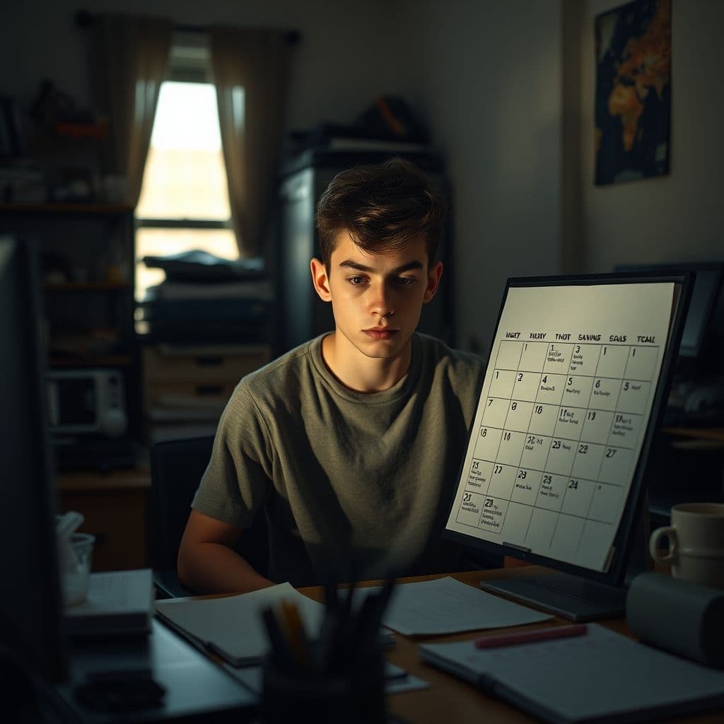 A person stressed over their finances with a calendar showing paydays.