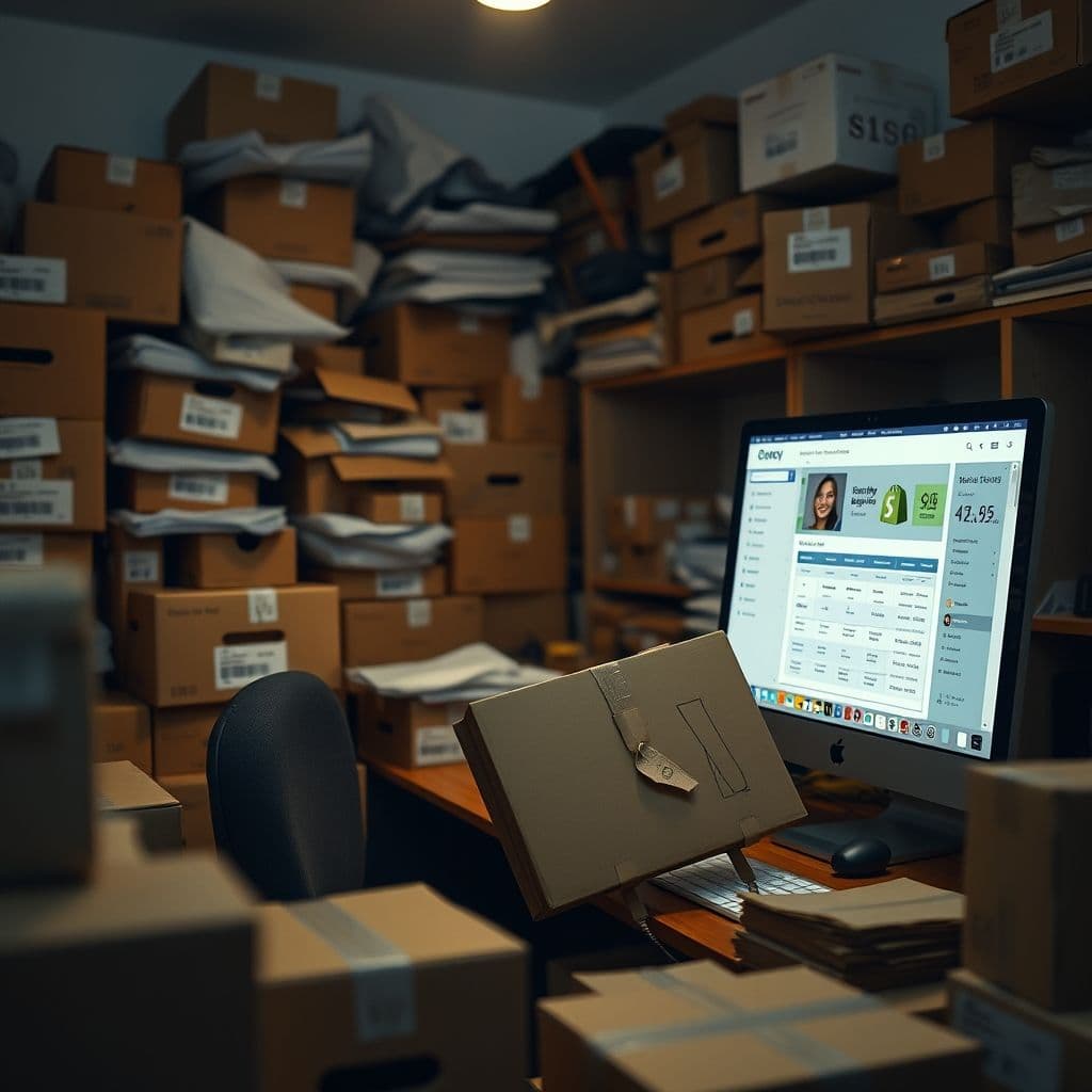 Overwhelmed entrepreneur surrounded by shipping boxes and a cluttered computer screen.
