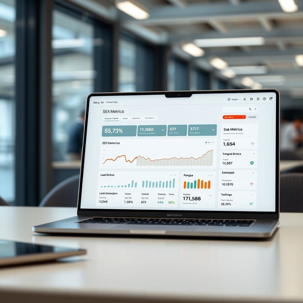 A sleek SaaS dashboard displaying SEO metrics and lead generation stats.