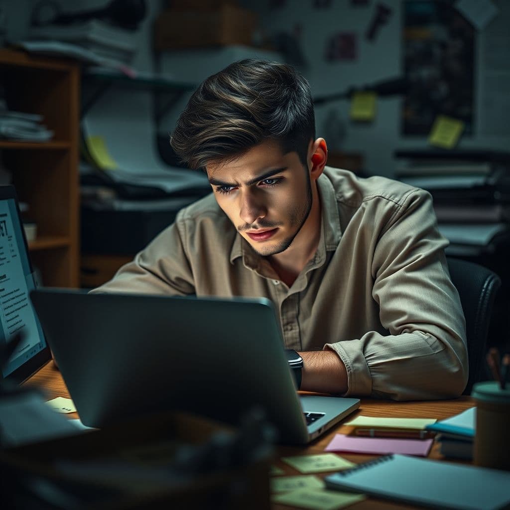 A frustrated beginner entrepreneur struggling with online business setup.