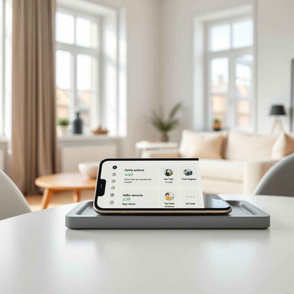 A sleek app interface showing a dashboard for managing parenting tasks and connecting with support groups.