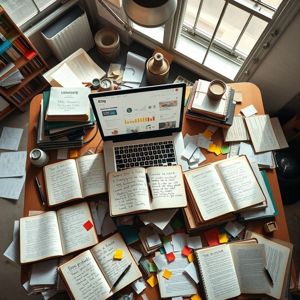 Overwhelmed Etsy seller surrounded by multiple open tabs and notebooks.