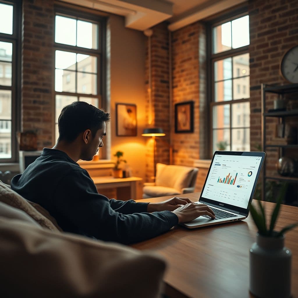 A freelancer working on a laptop with a sleek SaaS dashboard visible on the screen.