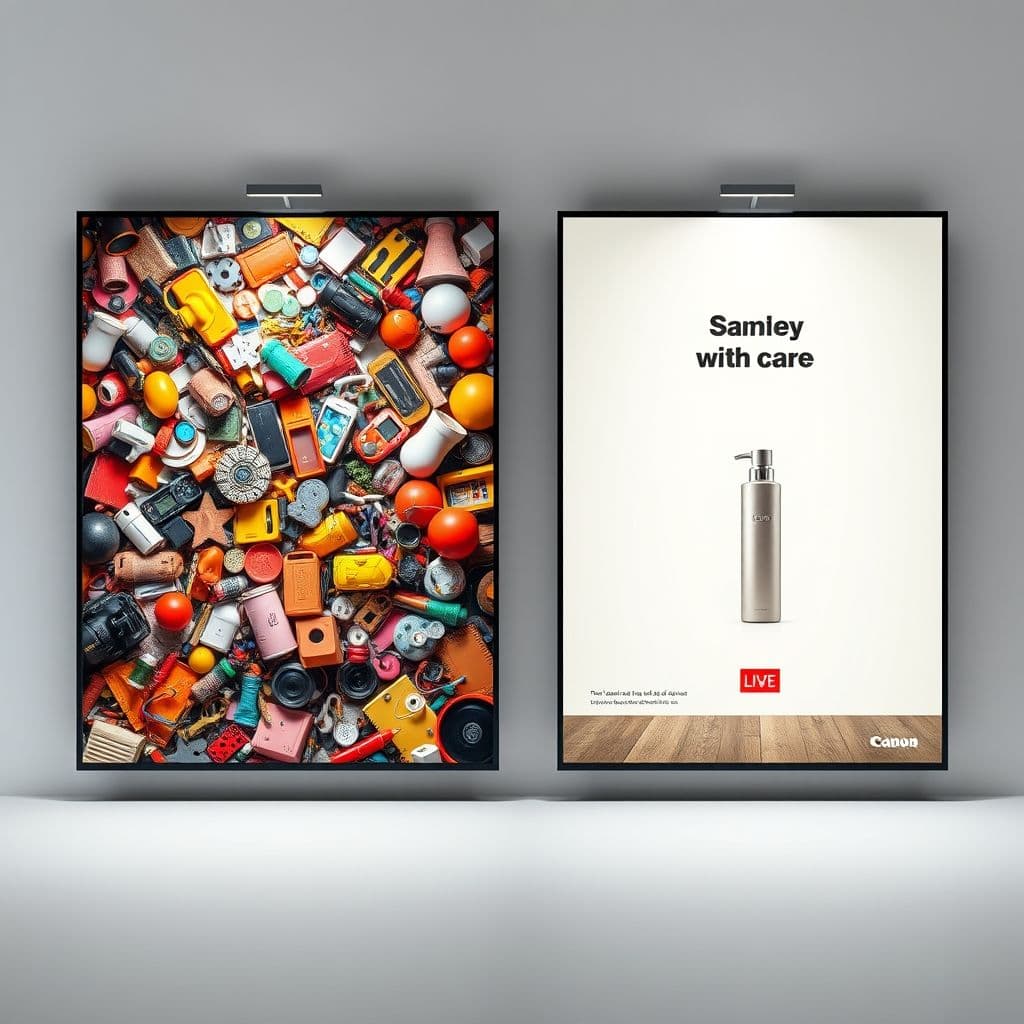 Side-by-side comparison of a cluttered ad vs. a clean, effective ad.