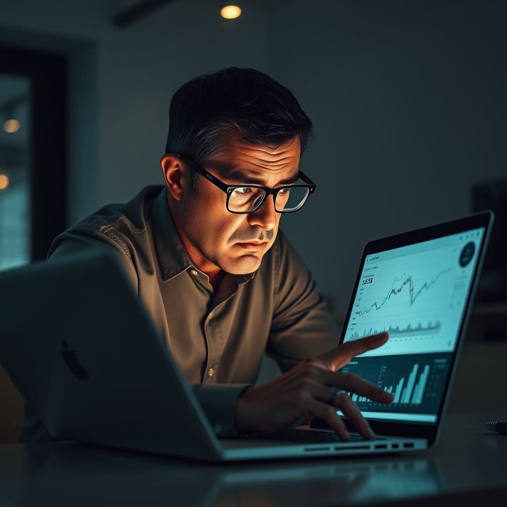 A frustrated person looking at a confusing investment platform interface on their laptop.