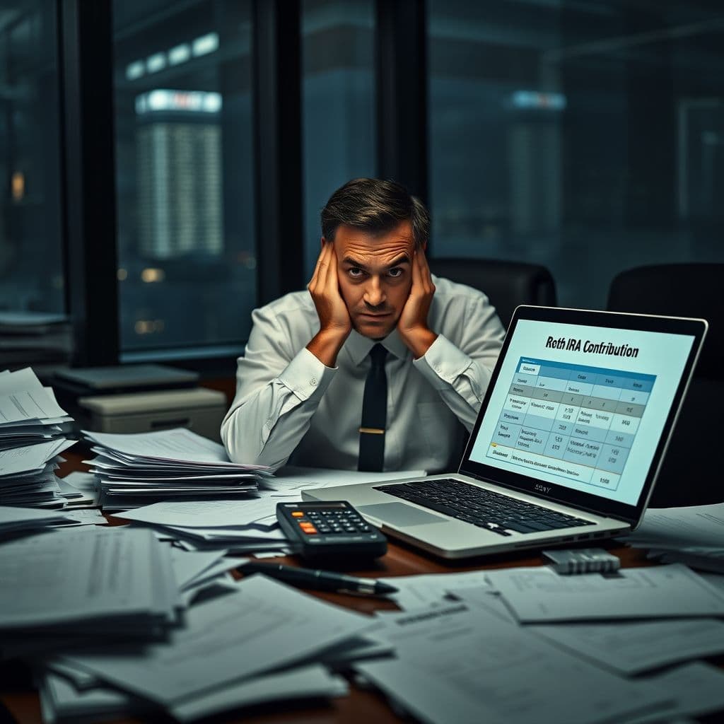 A person struggling to understand Roth IRA contribution limits and tax implications.