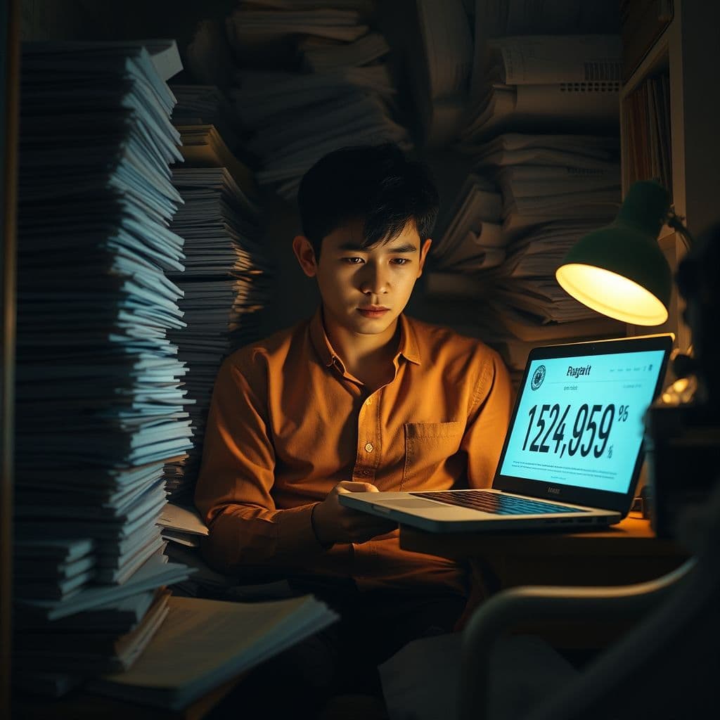 Frustrated graduate overwhelmed by student loan documents and financial stress.