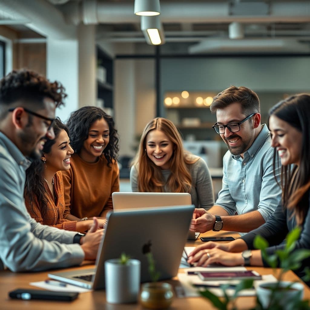 A diverse group of professionals working in tech roles without coding.
